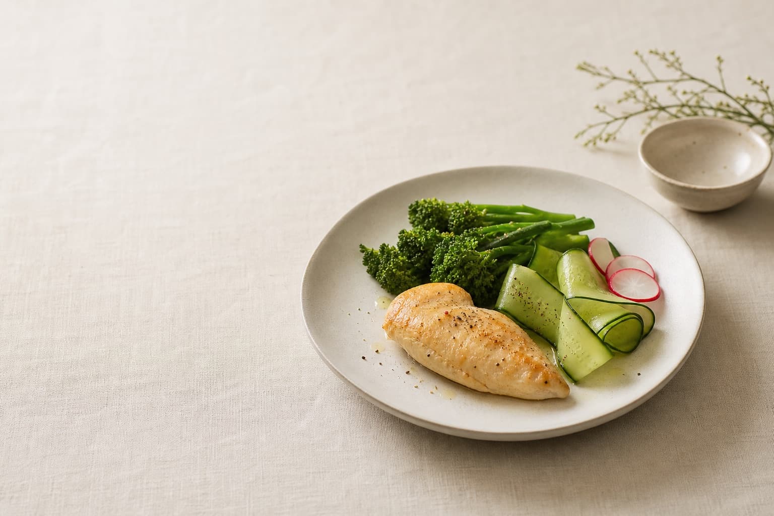 An overhead spread of simple whole foods on a linen surface: grilled chicken, leafy greens, beans, eggs, and vegetables in warm daylight.