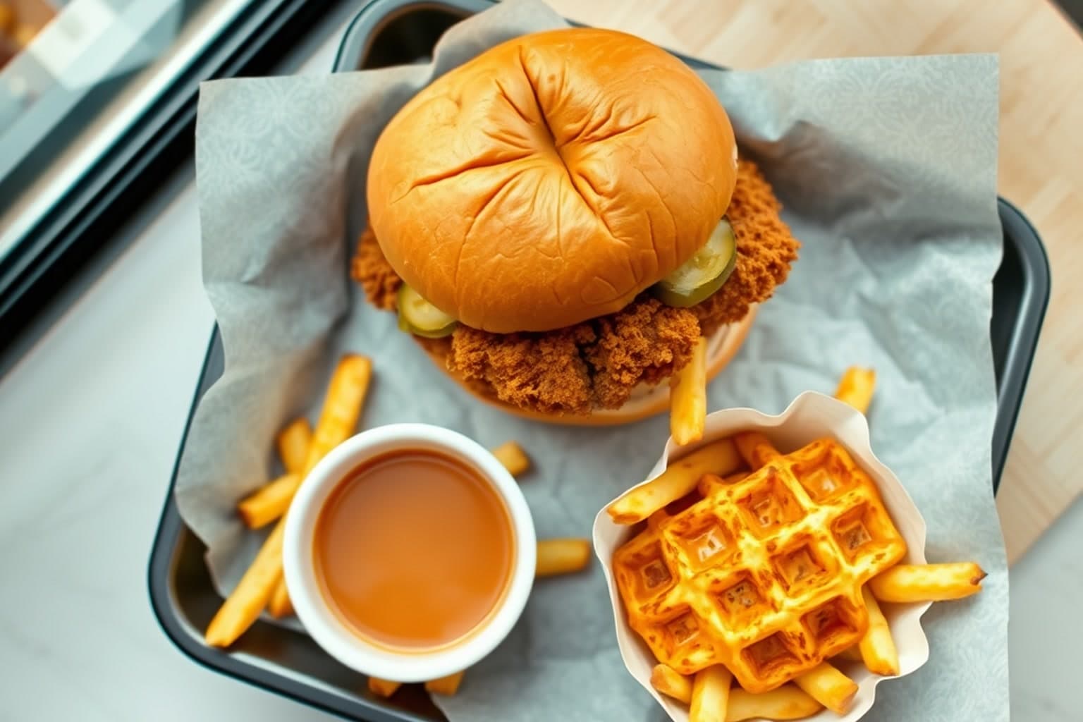 A chicken sandwich with pickles, waffle-style fries, and a small sauce cup on a restaurant tray.