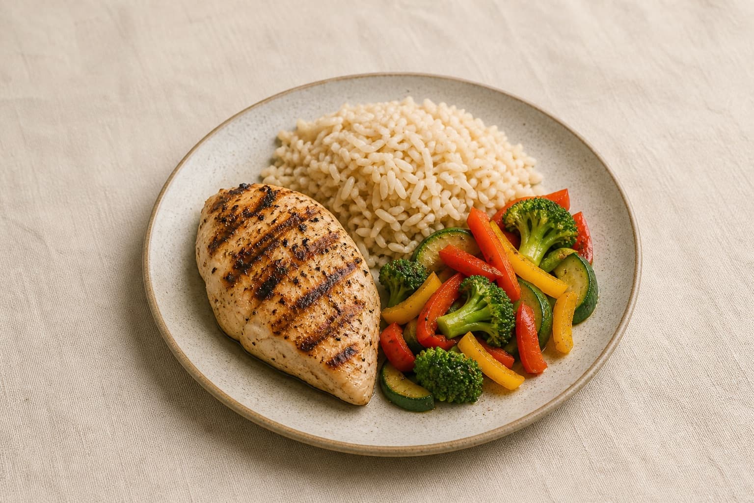 Overhead spread of whole foods on a linen surface: grilled chicken, eggs, rice, avocado, greens, and beans, sorted into rough groups.