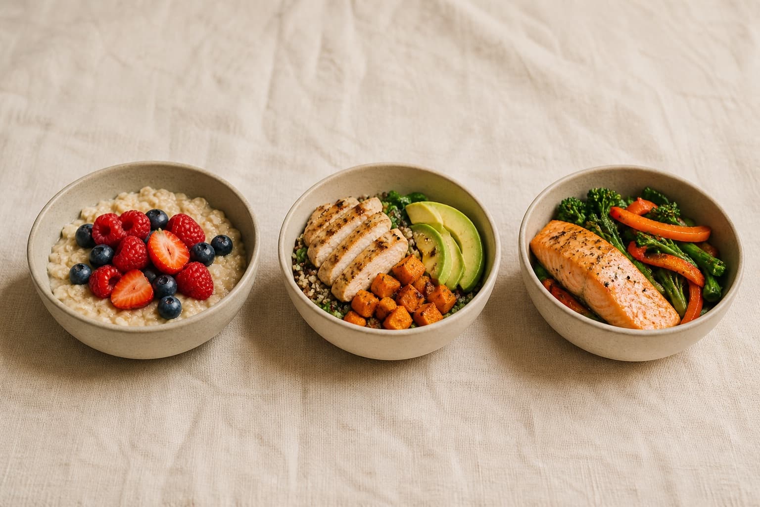 Three simple balanced plates arranged on a warm linen table from above, each with a protein, vegetables, and a grain.