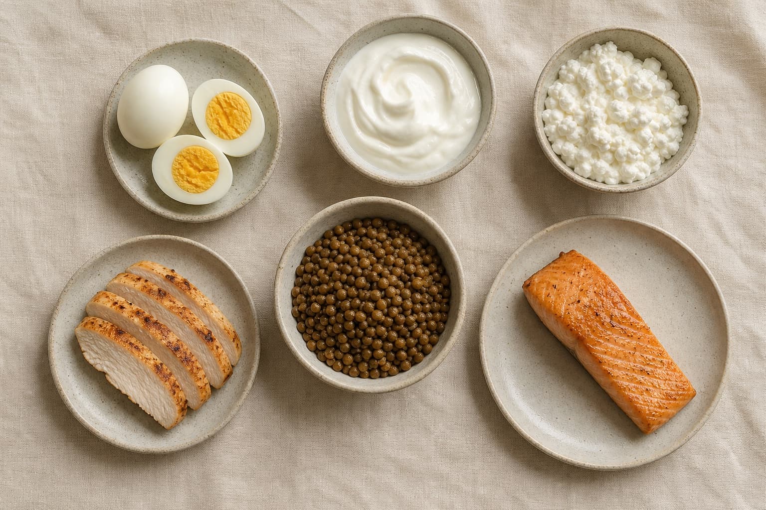 Overhead flatlay of high-protein foods on a warm linen surface: eggs, grilled chicken, salmon, Greek yogurt, lentils, tofu, and almonds.