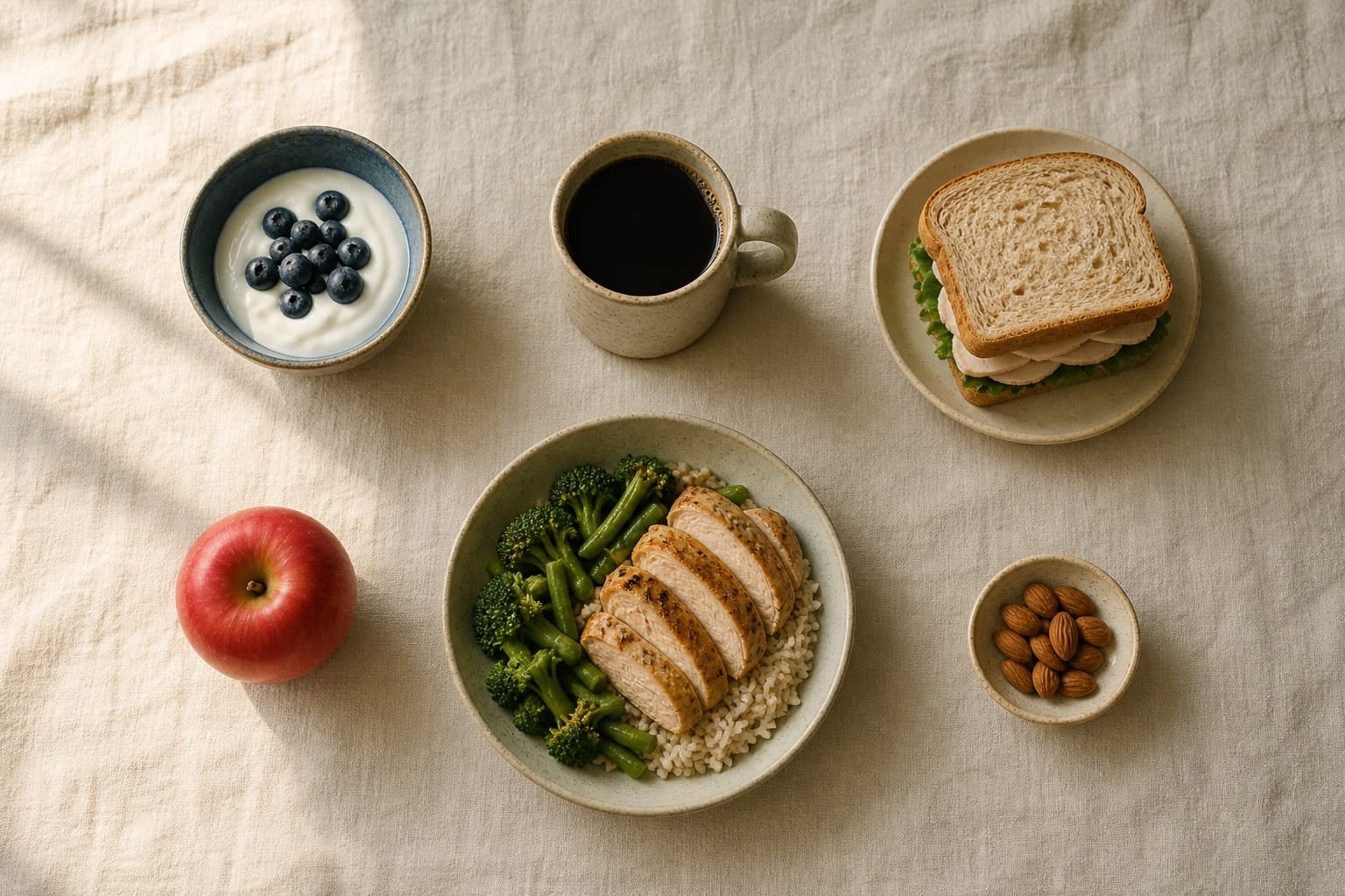 Overhead view of a full day of ordinary food laid out on a cream linen tablecloth: yogurt with blueberries, black coffee, a turkey sandwich, an apple, a bowl of chicken with rice and broccoli, and a small dish of almonds.