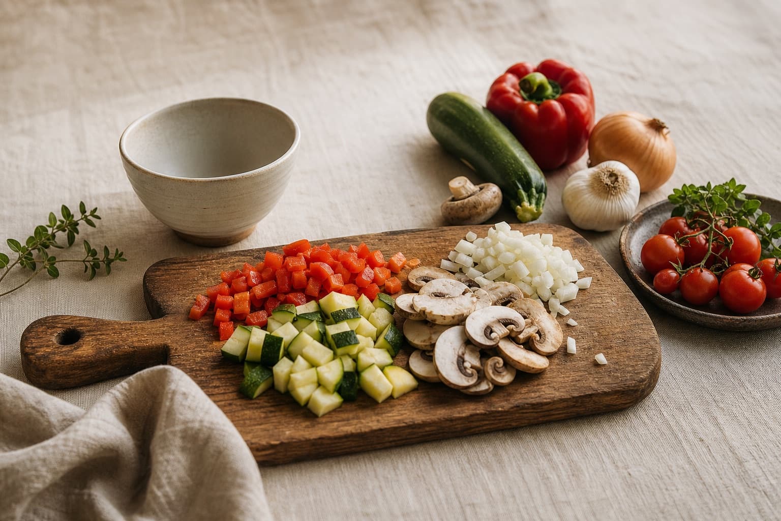 Overhead view of a wooden cutting board with raw chicken, uncooked rice, olive oil, and fresh vegetables ready to be prepped for a home-cooked meal.