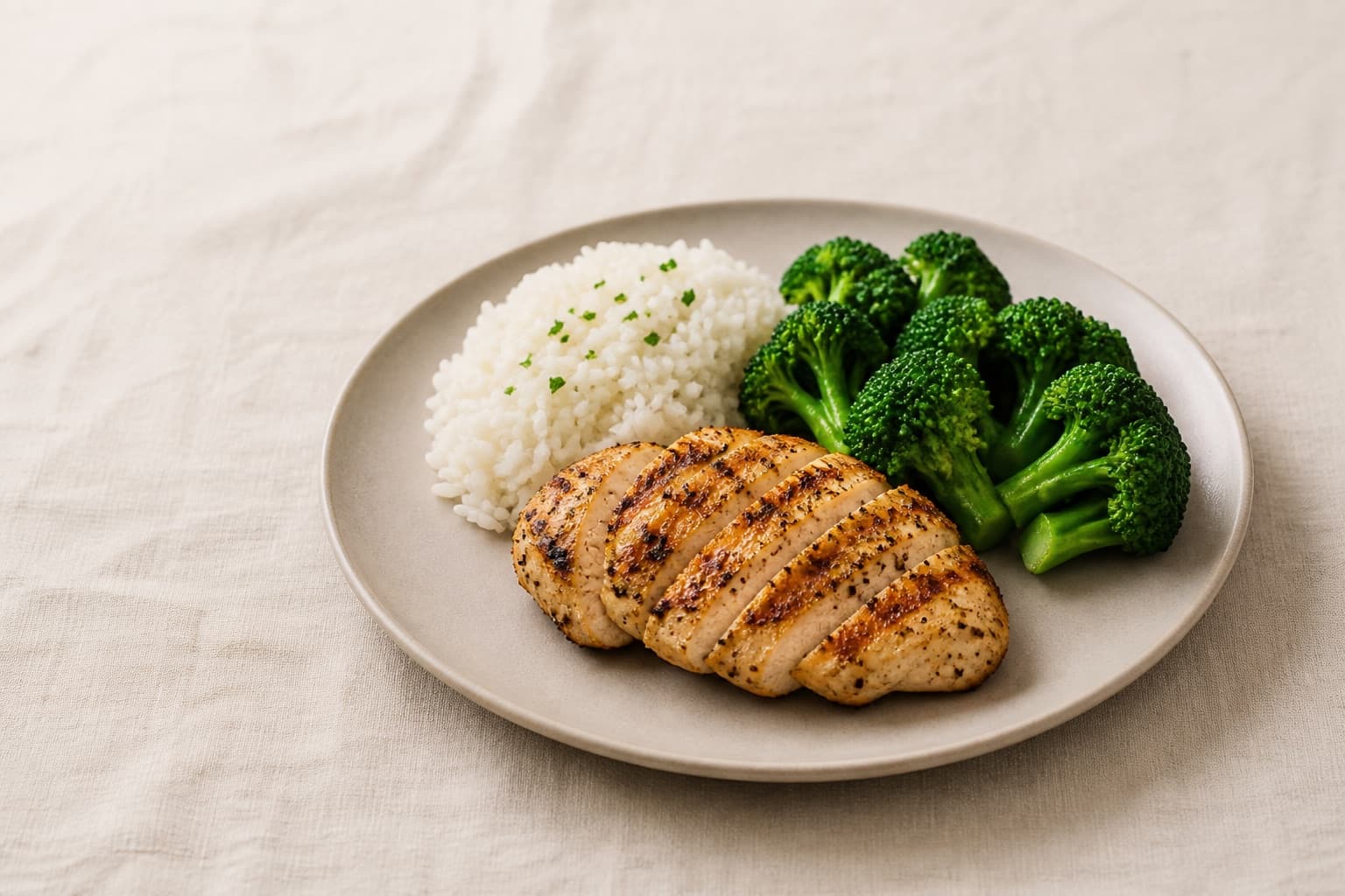 An overhead flatlay of a light, portion-controlled lunch on a cream linen surface: grilled chicken, greens, brown rice, and sliced fruit in simple bowls.