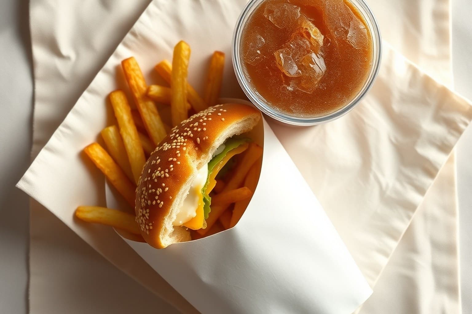Sesame-seed burger halved beside golden fries and a cold drink on cream linen.