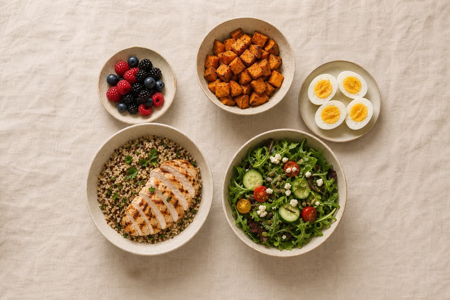 An overhead flatlay of prepped healthy meals in ceramic bowls on a cream linen surface: chicken and quinoa, salad, sweet potato, berries, and eggs.