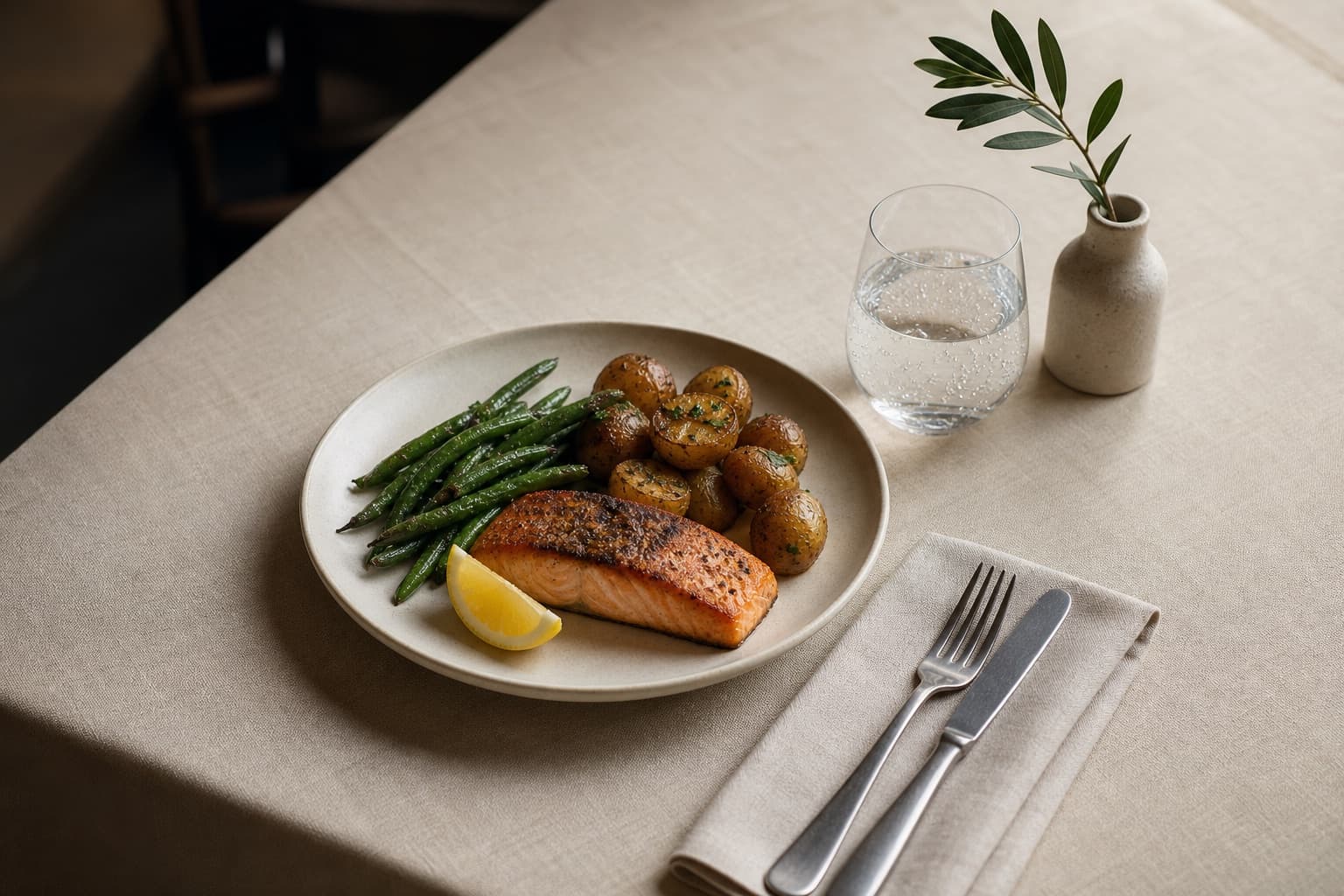 A plated restaurant meal on a linen-set table: seared salmon, roasted potatoes, green beans, and a lemon wedge.