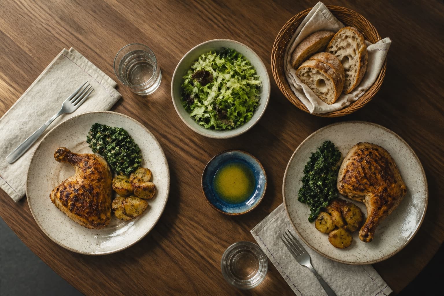 Overhead view of a restaurant table set for two, with a plate of roast chicken and potatoes, a shared salad bowl, sliced sourdough, olive oil, and water glasses on warm walnut.