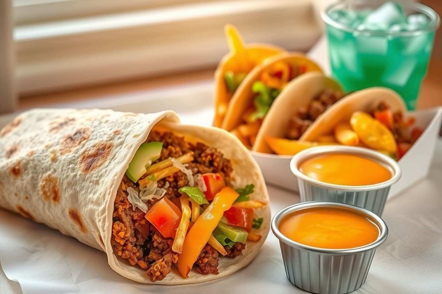 Grilled beef burrito, crunchy tacos, nacho cheese cups, and a turquoise soda on white paper by a window.