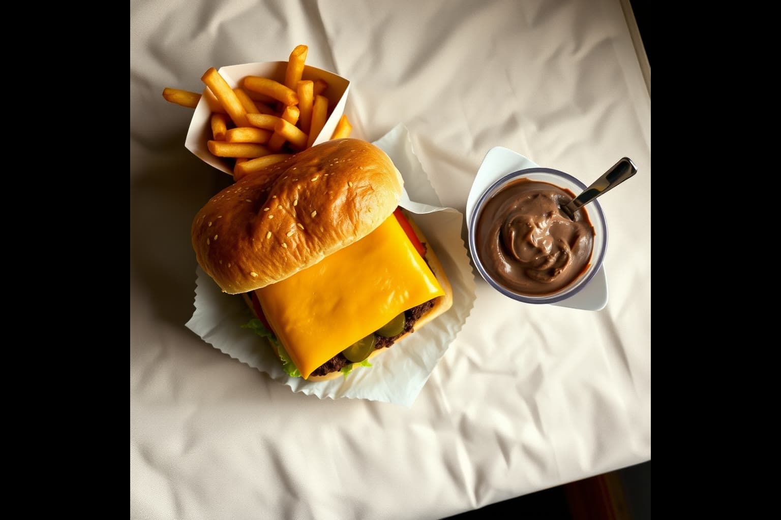 A square cheeseburger with fries and a chocolate soft-serve cup on cream linen.