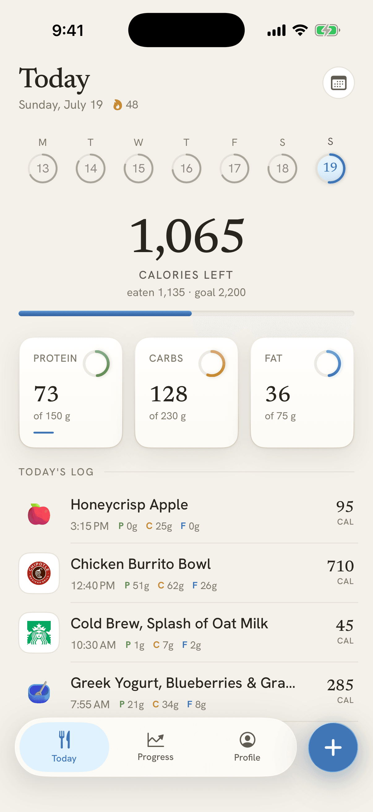 Countwell's Today screen on iPhone: a 48-day streak, 1,065 calories left, macro cards, and a food log with restaurant logos
