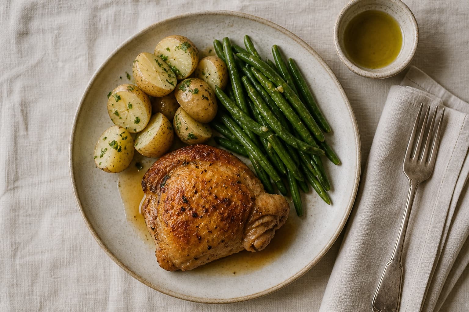 Overhead view of a home-cooked dinner on cream linen: a roasted chicken thigh with pan juices, buttered baby potatoes, and dressed green beans, with a small dish of olive oil beside the plate.