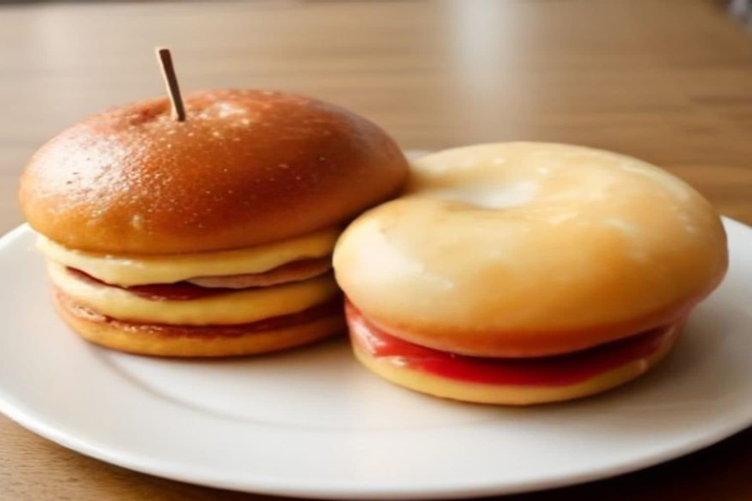 Iced coffee with cream swirl beside a glazed donut and breakfast sandwich on cream linen.