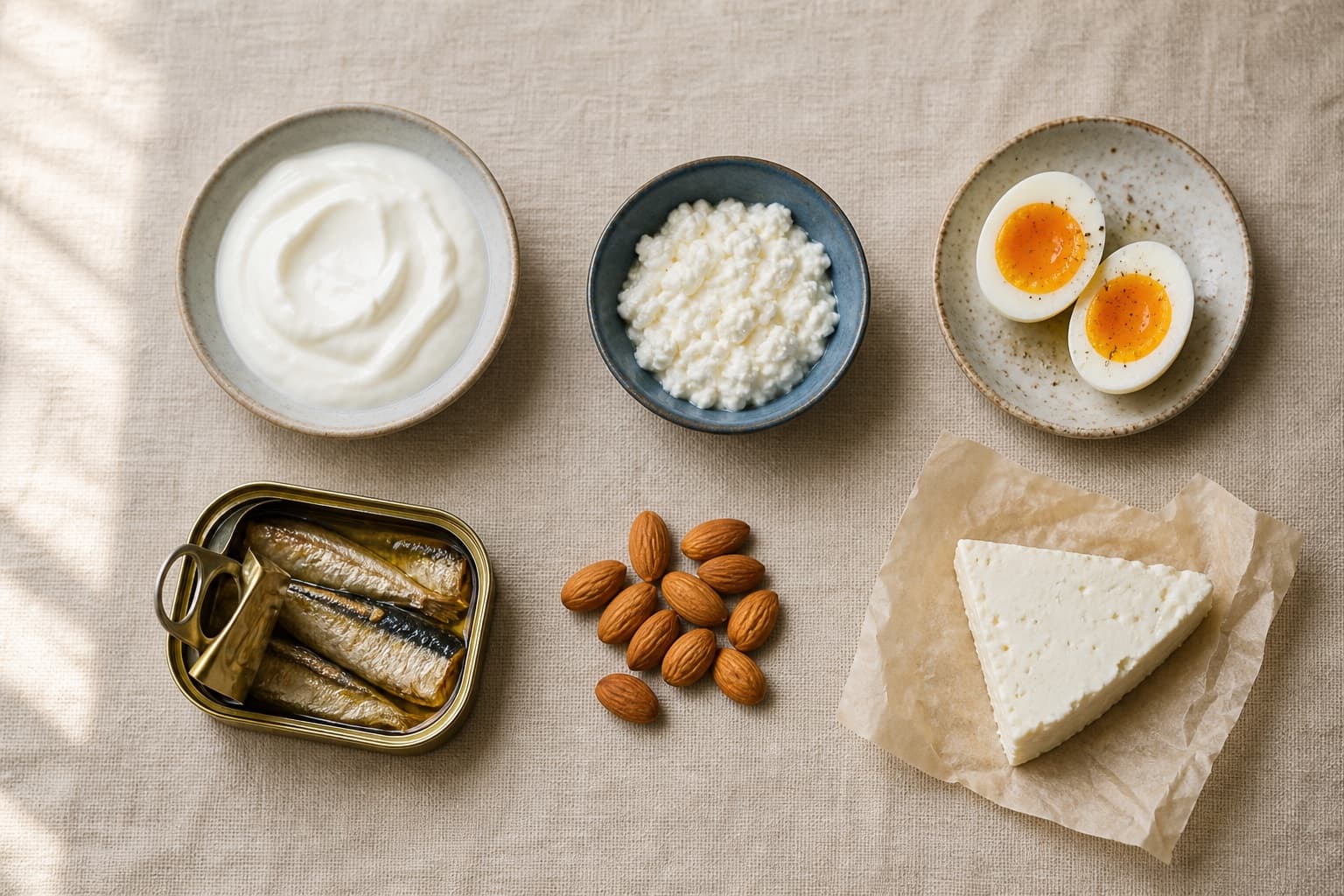 Overhead flatlay on oatmeal linen of small protein dense foods: Greek yogurt, cottage cheese, halved soft boiled eggs, a tin of sardines, almonds, and a wedge of feta.
