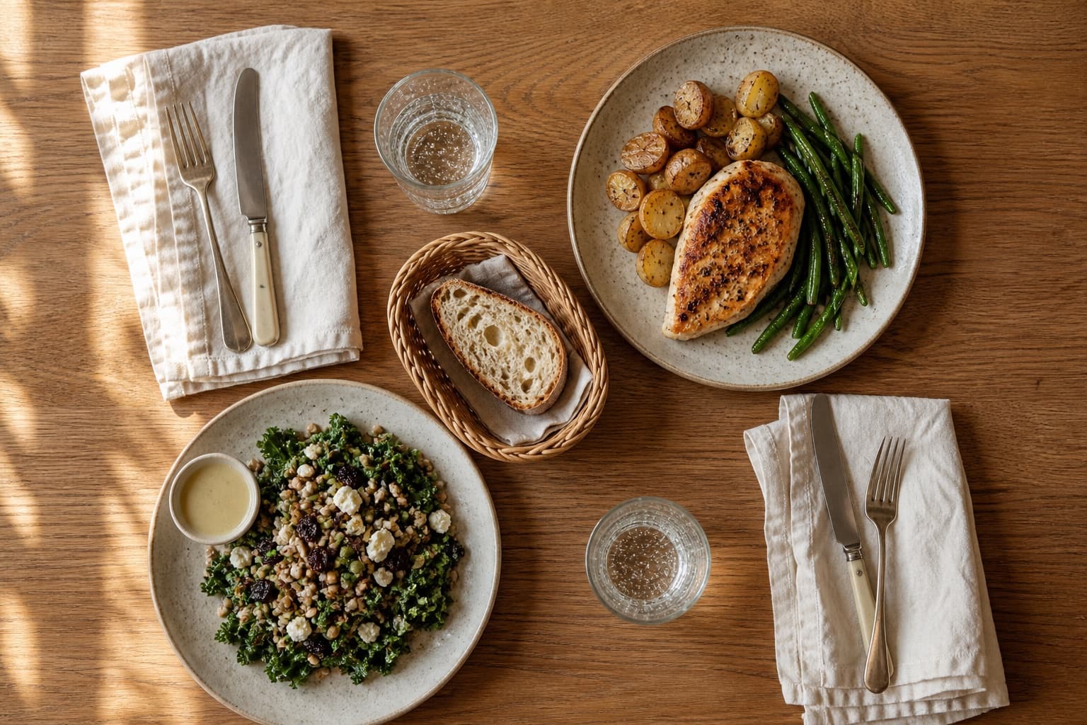 Overhead view of a restaurant table for two on warm oak: a plate of chicken with roasted potatoes and green beans, a grain and kale salad with dressing in a small ramekin, bread, water glasses, and linen napkins.