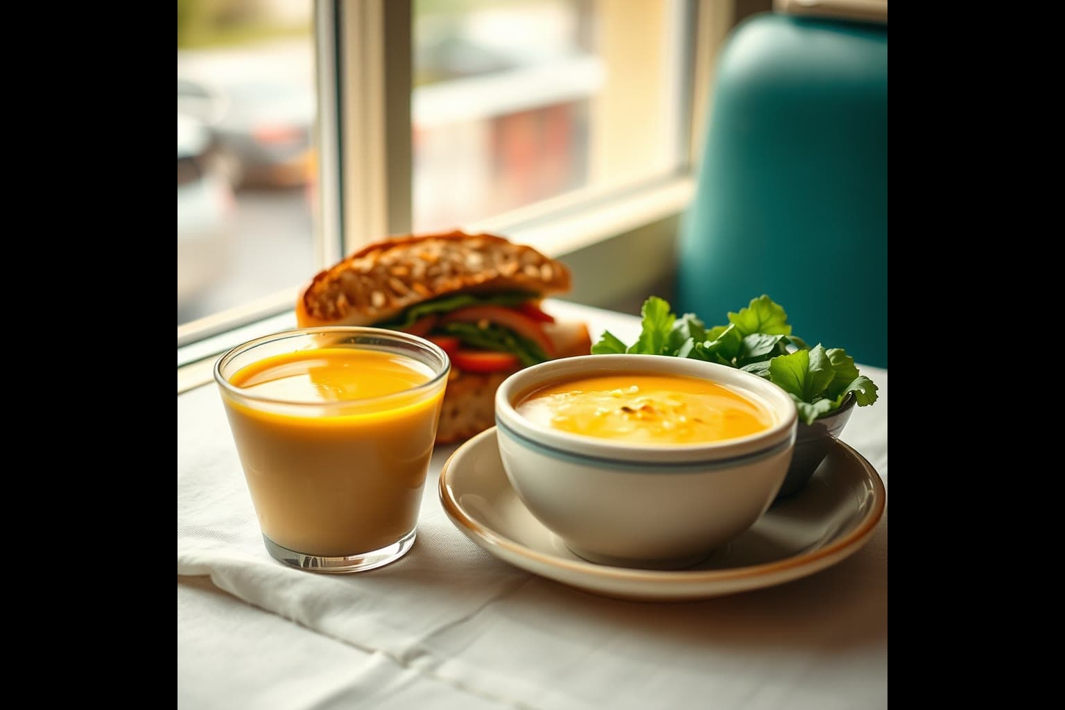 Half sandwich, creamy soup cup, and citrus drink on cream linen in cafe light.