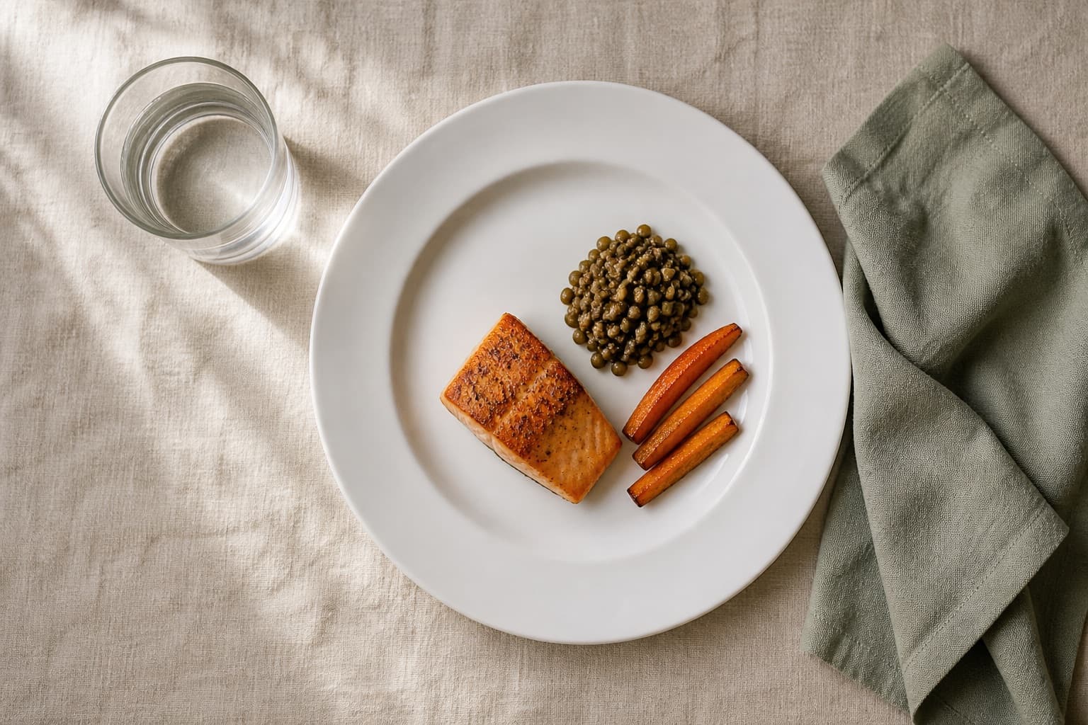 Overhead view of a small dinner on cream linen: a seared salmon fillet, a spoonful of lentils, and three roasted carrots on a wide white plate, with a glass of water alongside.